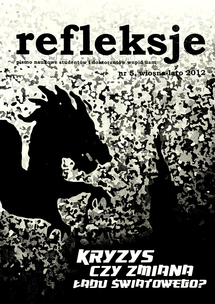 Okładka czasopisma Refleksje. Pismo naukowe studentów i doktorantów WNPiD UAM, nr 5, rok 2012, tytuł Refleksje (wiosna - lato): Kryzys czy zmiana ładu światowego