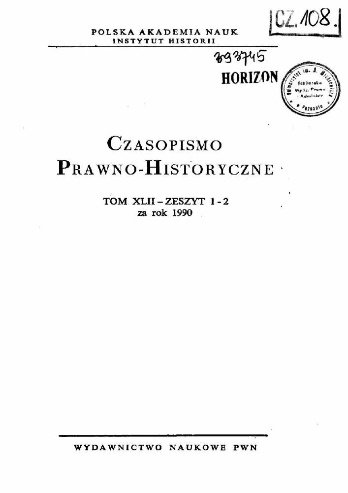 Okładka czasopisma Czasopismo Prawno-Historyczne, tom 42, nr 1-2, rok 1990