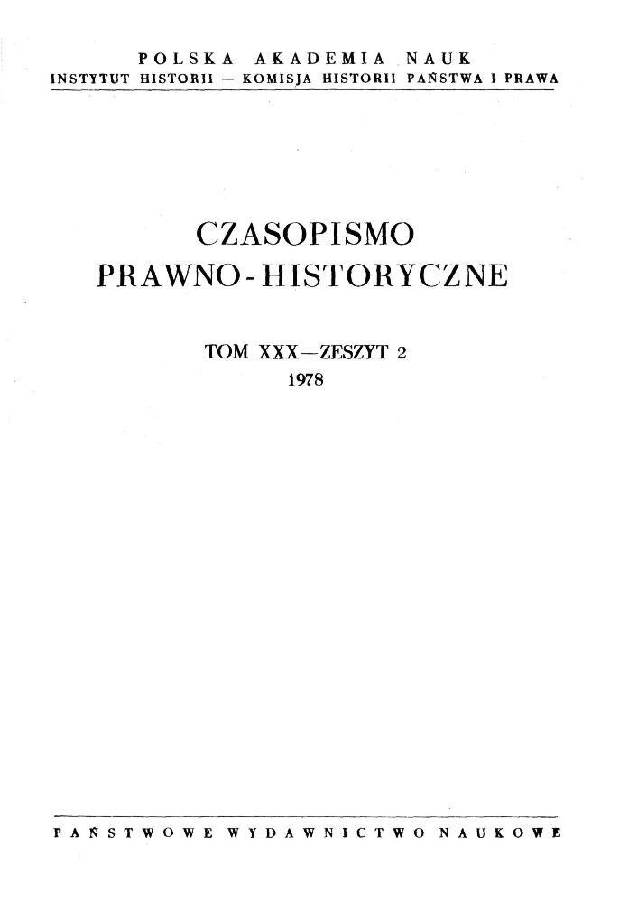 Okładka czasopisma Czasopismo Prawno-Historyczne, tom 30, nr 2, rok 1978