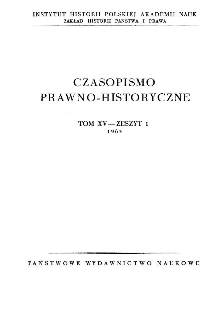 Okładka czasopisma Czasopismo Prawno-Historyczne, tom 15, nr 1, rok 1963