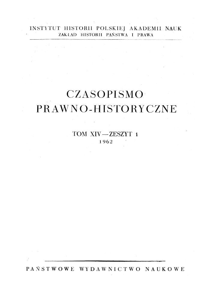 Okładka czasopisma Czasopismo Prawno-Historyczne, tom 14, nr 1, rok 1962