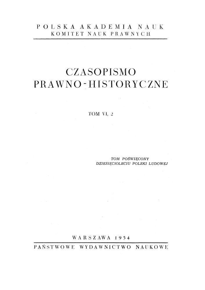 Okładka czasopisma Czasopismo Prawno-Historyczne, tom 6, nr 2, rok 1954