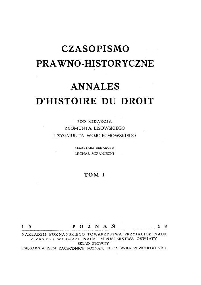 Okładka czasopisma Czasopismo Prawno-Historyczne, tom 1, rok 1948