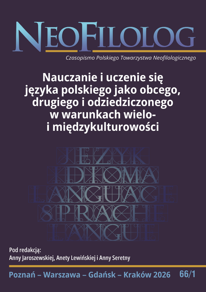 Okładka czasopisma Neofilolog, nr 66/1, rok 2026, tytuł Nauczanie i uczenie się języka polskiego jako obcego, drugiego i odziedziczonego w warunkach wielo- i międzykulturowości